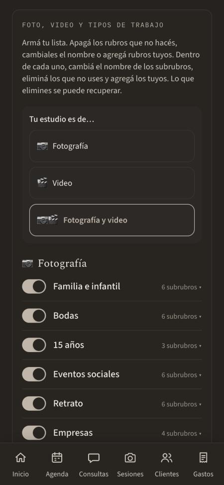 Ajustes: tu estudio es de fotografía, video o ambos