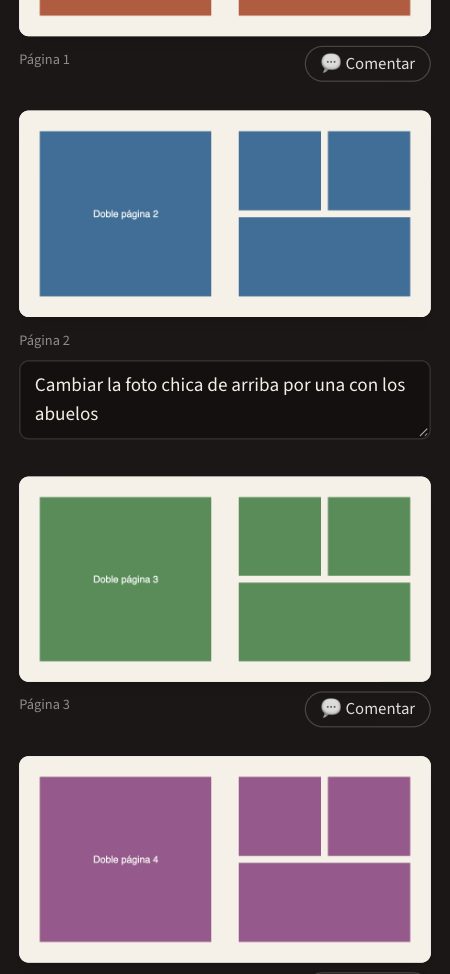 El álbum como lo ve el cliente, con un comentario en una página