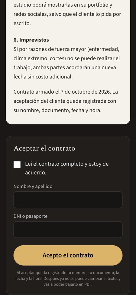 El cliente acepta con su nombre y DNI