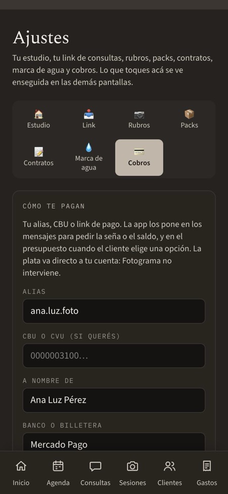Ajustes: cómo te pagan (alias, CBU, link de pago)