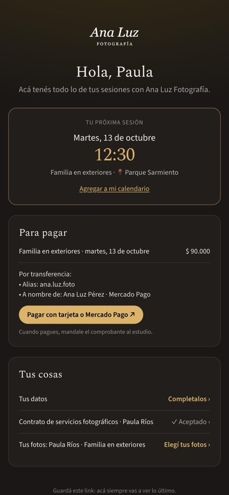 El espacio del cliente: próxima sesión, qué pagar y sus cosas