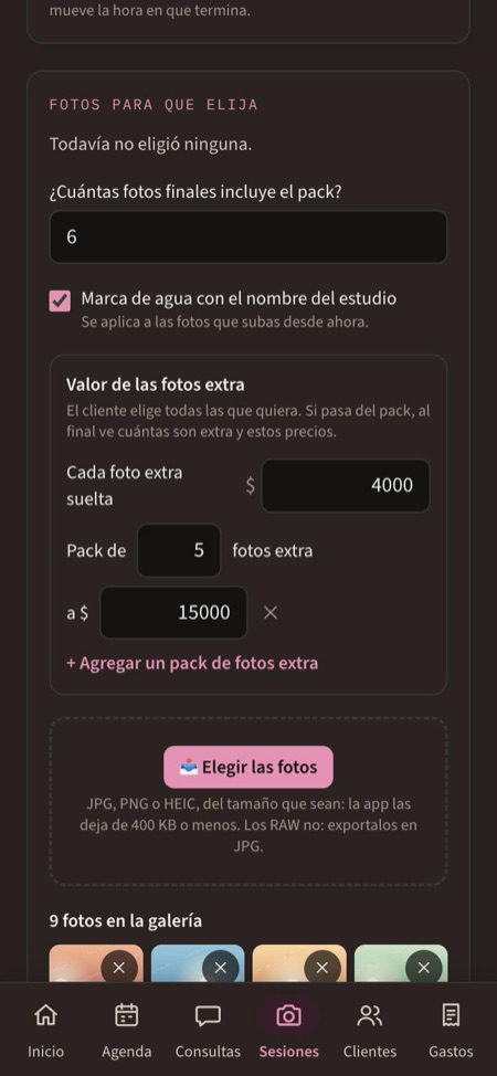 Armar la galería: pack, marca de agua y precios de las extra