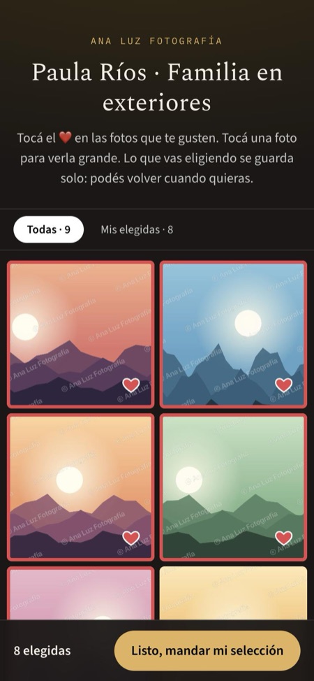 La galería que ve el cliente, con corazones