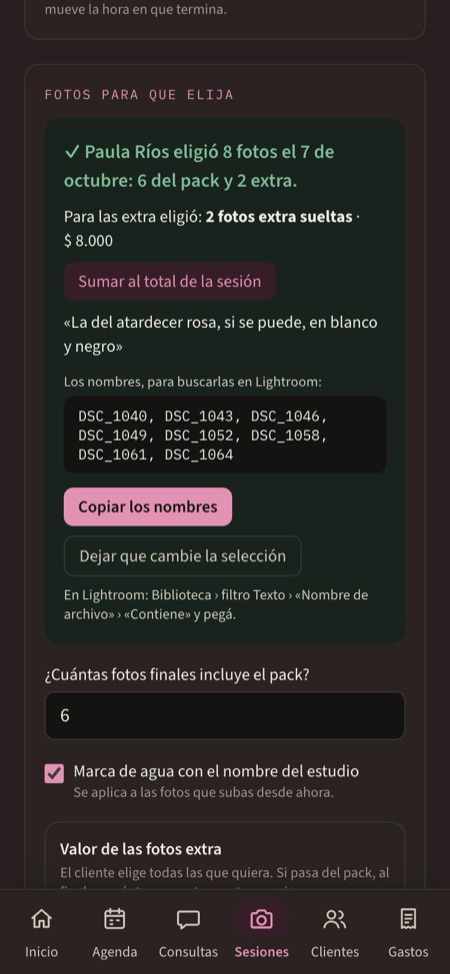 Lo que eligió el cliente, en la ficha de la sesión