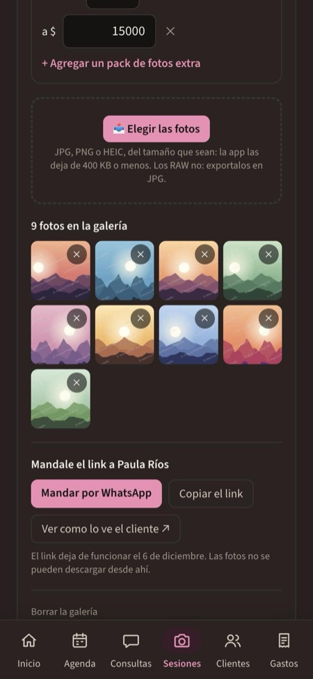 Las fotos subidas y los botones para mandar el link