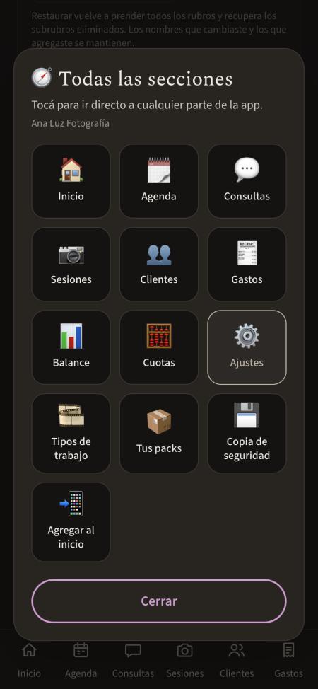 El menú con todas las secciones