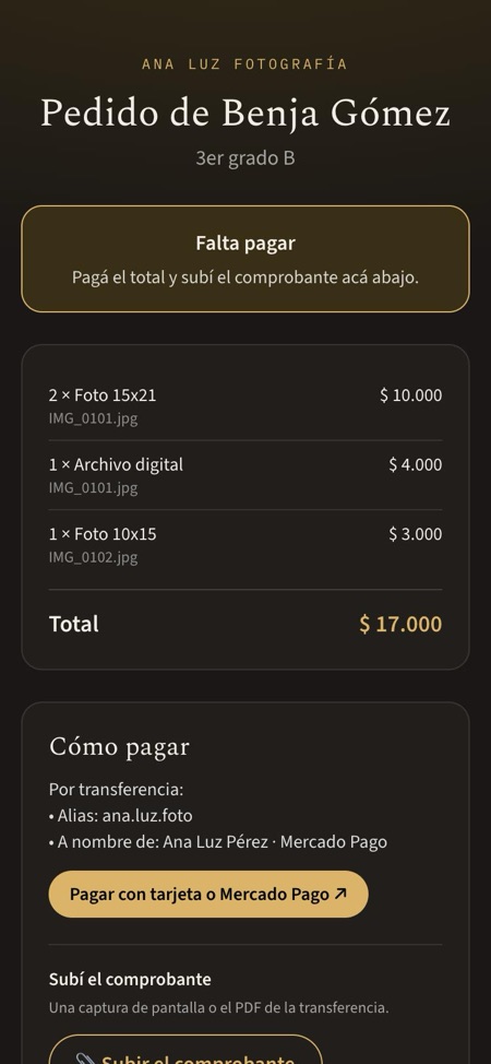 La página del pedido con cómo pagar y el comprobante