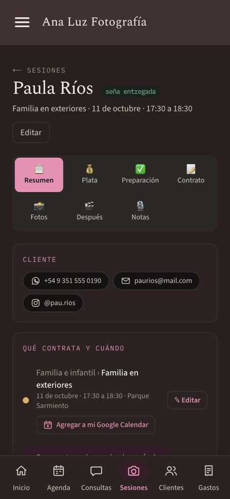 Ficha de la sesión: pestañas y qué contrata