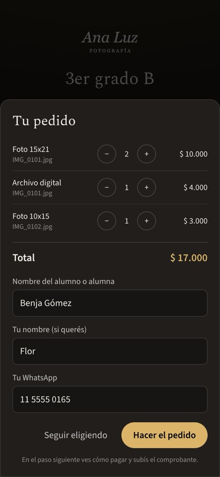 El pedido con el total y los datos de la familia