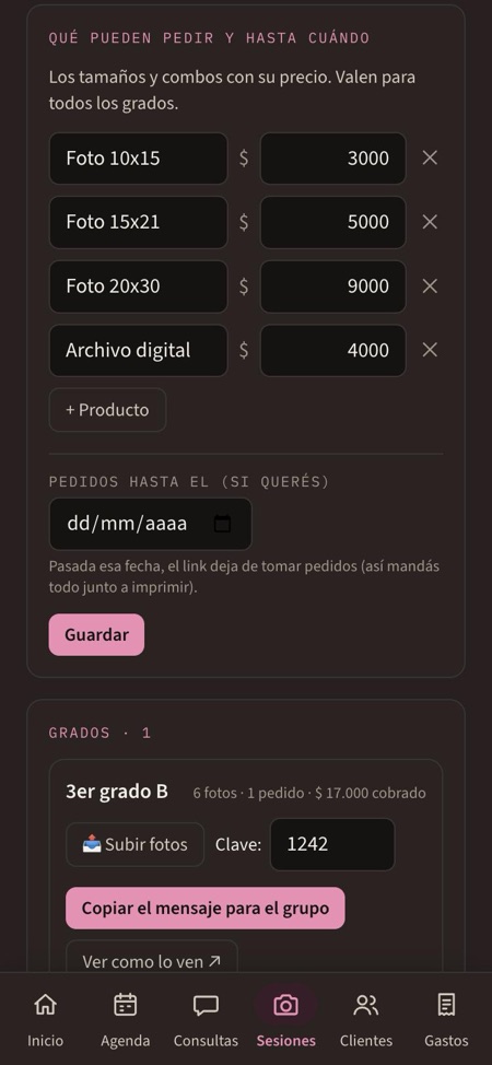 Precios de cada tamaño y los grados