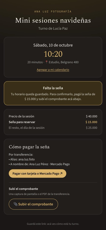 La página del turno con cómo pagar la seña