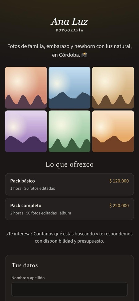 El link de consultas con la vidriera: logo, presentación, fotos y packs